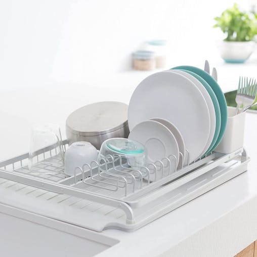 Brabantia Light Grey Dish Drying Rack Kitchen Organiser W/ Utensils Holder & Drip Tray