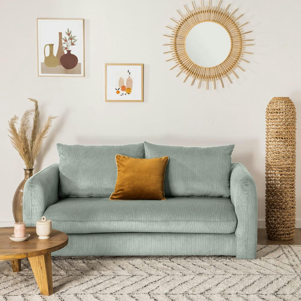 WIAME - Canapé convertible 2,5 places en velours côtelé vert d'eau