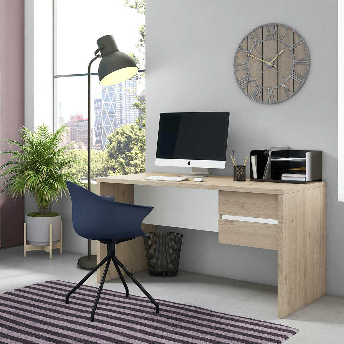 JESS - Bureau 2 tiroirs effet bois et blanc 136 cm