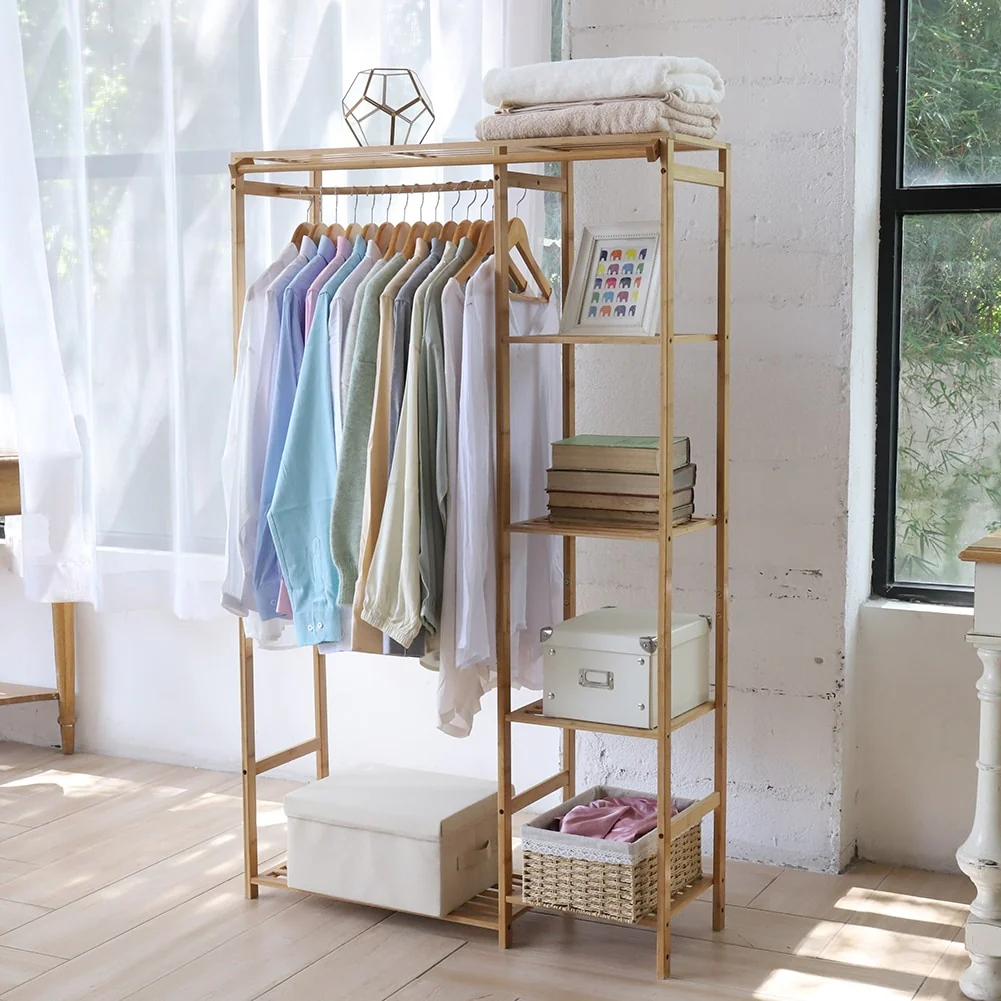 Bamboo Clothes Rack Garment Storage Shelf with Shelves Hanging Cover