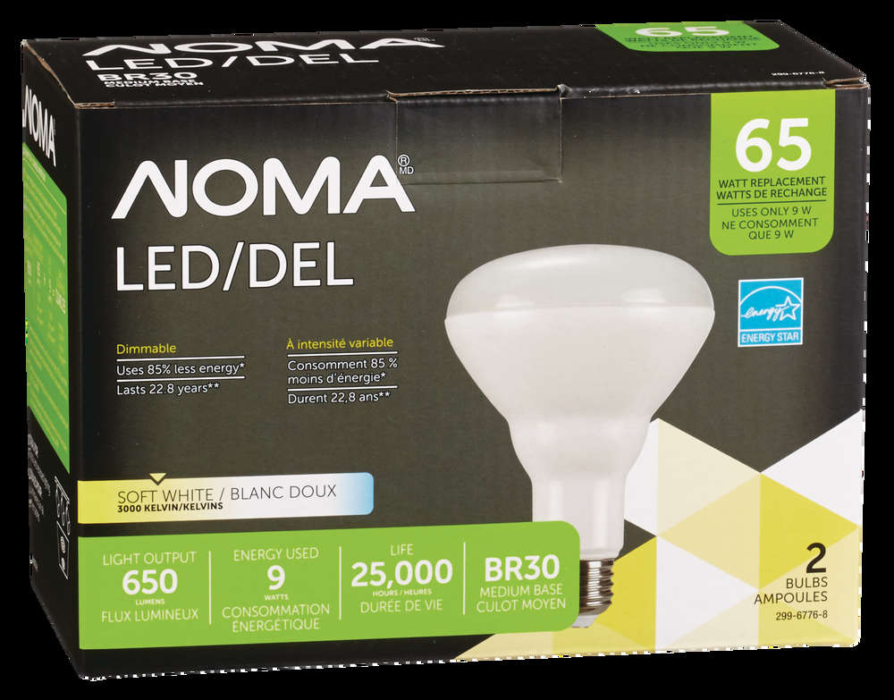 NOMA BR30 E26 Base Dimmable LED Light Bulbs, 3000K, 650 Lumens, Soft White, 65W, 2-pk