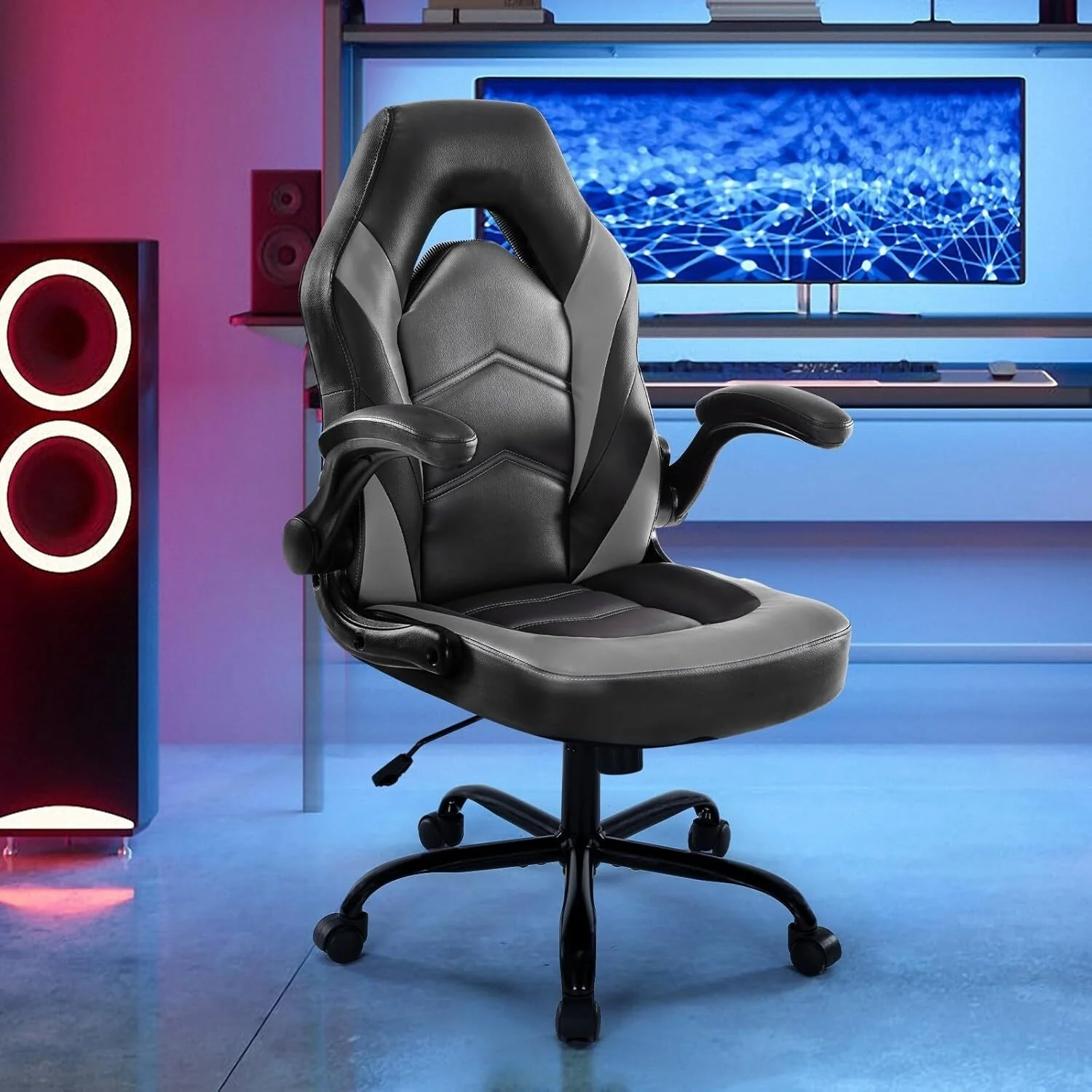 Ergonomic PU Leather Gaming Chair Adjustable Height with Flip-up Armrest for Adults, Kids