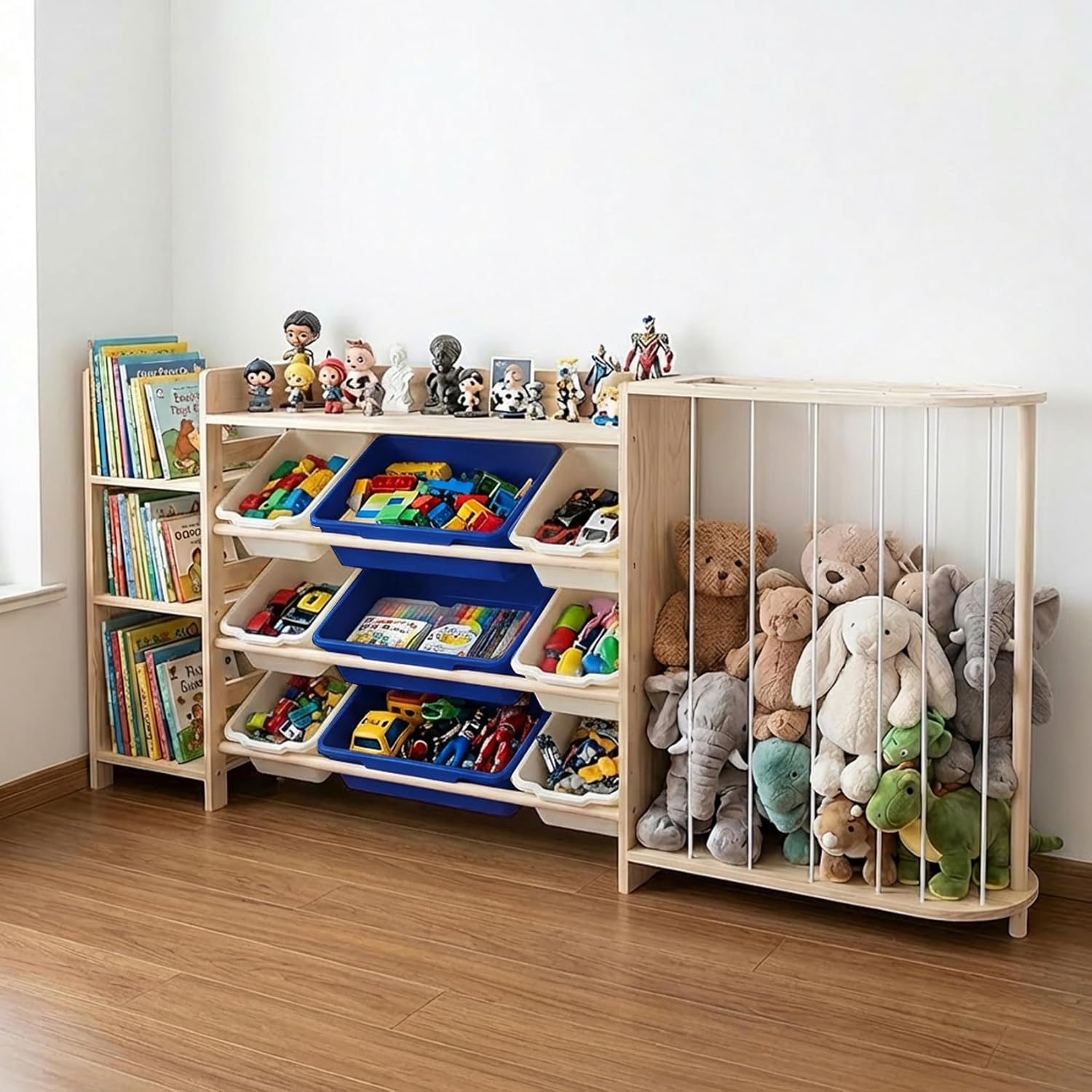 Amdermi Kids Toy Storage Organizer with 9 Plastic Bins, 3-Tier Wooden Shelving Unit for Playroom & Bedroom, Nursery Bookshelf and Stuffed Animal Zoo Storage, Natural Wood Finish （Blue）