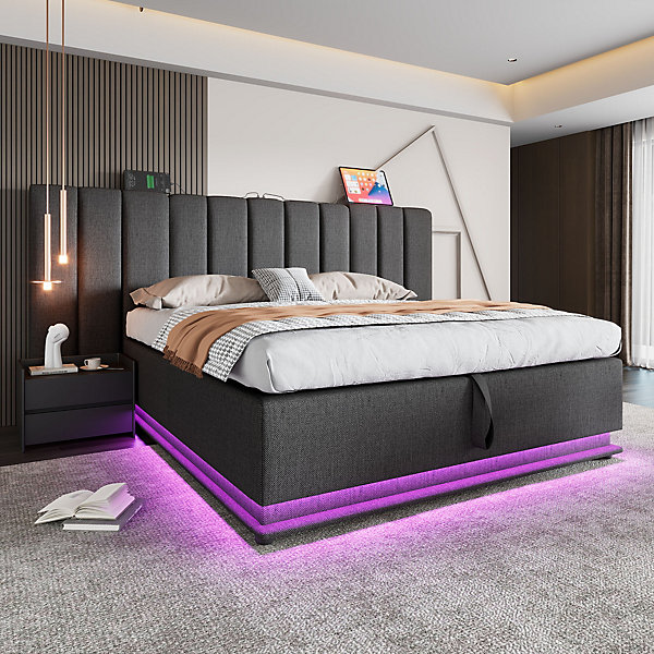 Lit double rembourré avec LED et USB type-C,lit coffre hydraulique,cadre de lit 160x200 avec sommier à lattes,lin,gris