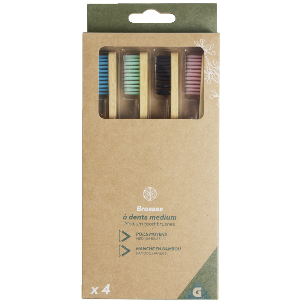 Lot de 4 brosses à dents medium poils nylon et manche bambou