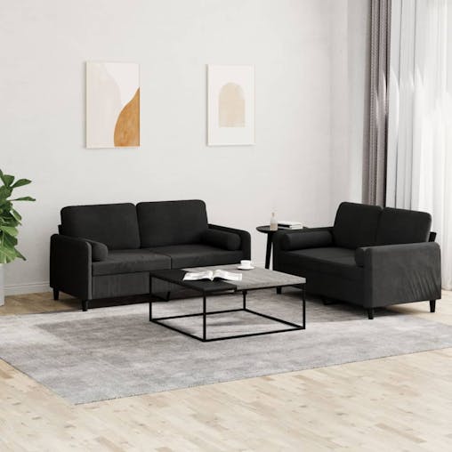 NNEVL 2 Piece Sofa Set with Pillows Black Velvet