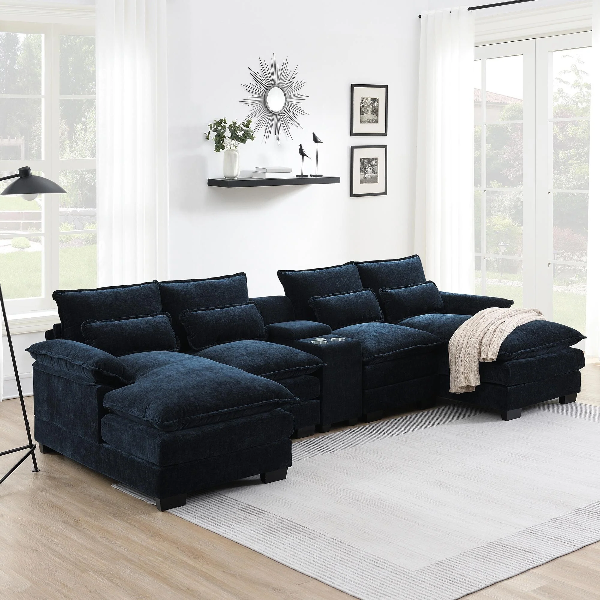 123 Chenille U-Shaped Sectional Sofa with Console & USB Charger