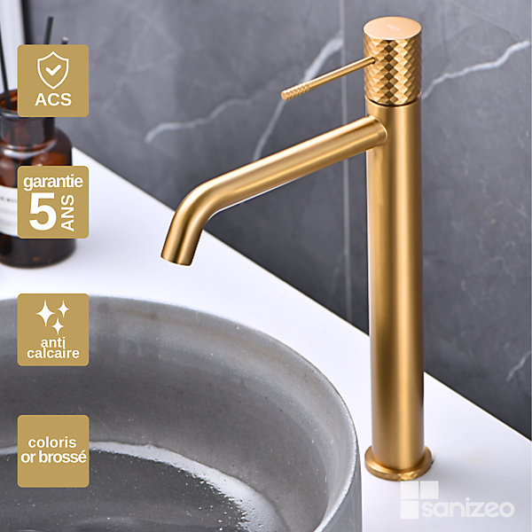 Mitigeur de Lavabo Anti-Calcaire Bec Haut Or Brossé IMEX GENOVA BDG053-3OC