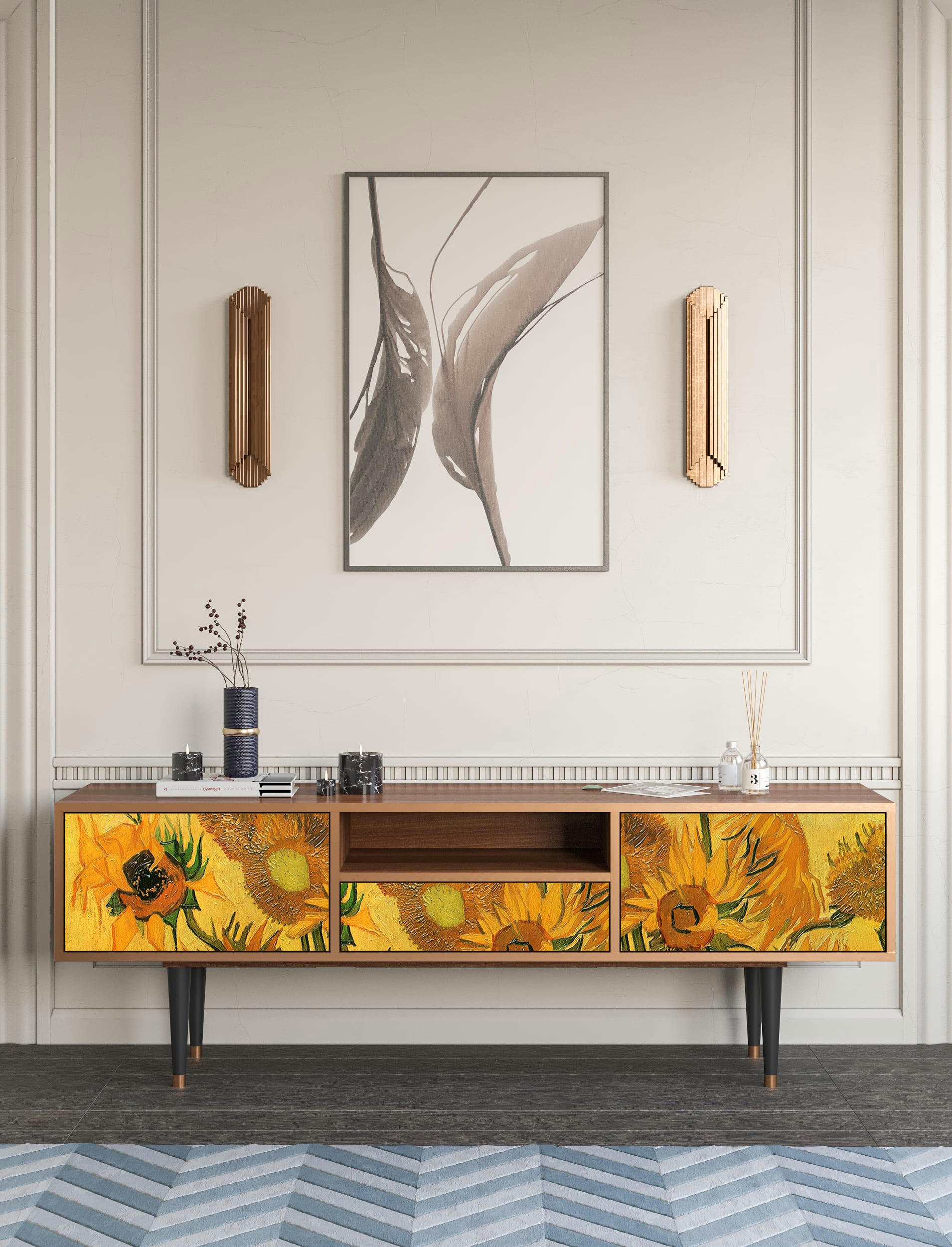 SUNFLOWERS BY VINCENT VAN GOGH - Meuble TV  jaune 1 tiroir et 2 portes L 170 cm