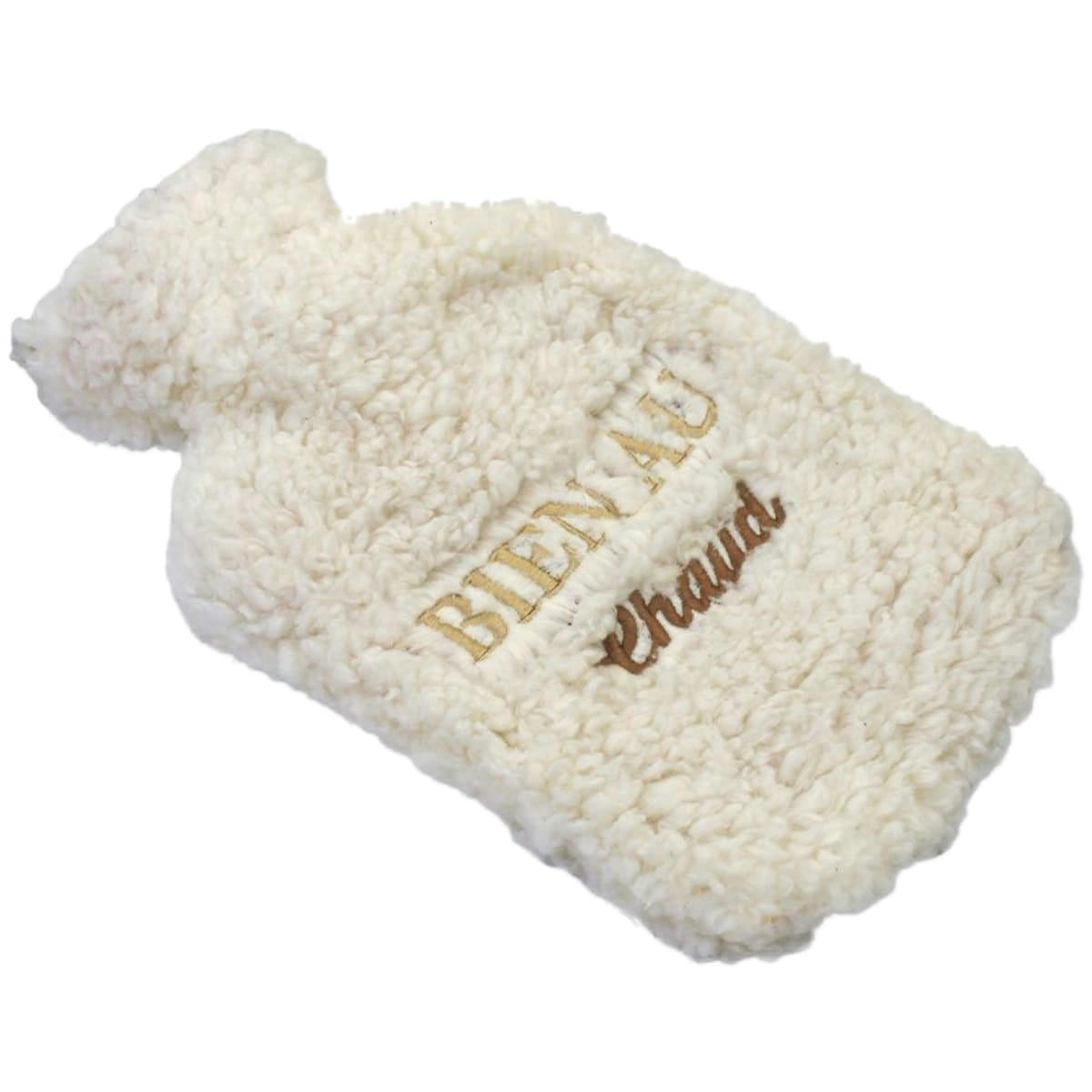 - Bouillotte écrue avec enveloppe en fourrure