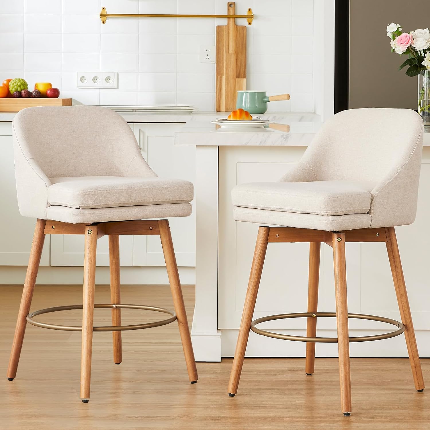 Modern Bar Stools Set of 2,Swivel Counter Height Bar Stools with Soft Upholstered Back,Thick Seat,Wooden Legs, 27 Counter Stools for Kitchen Island (Sand, 2 Pieces - 27 Counter Height)
