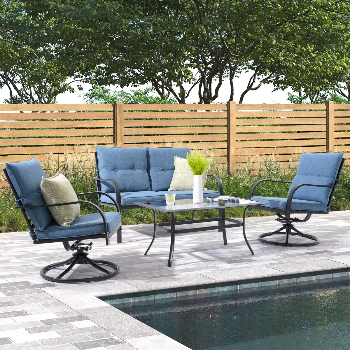 Outdoor 4 Person Seating Group Patio Swivel chair with Cushions Tempered Glass Table