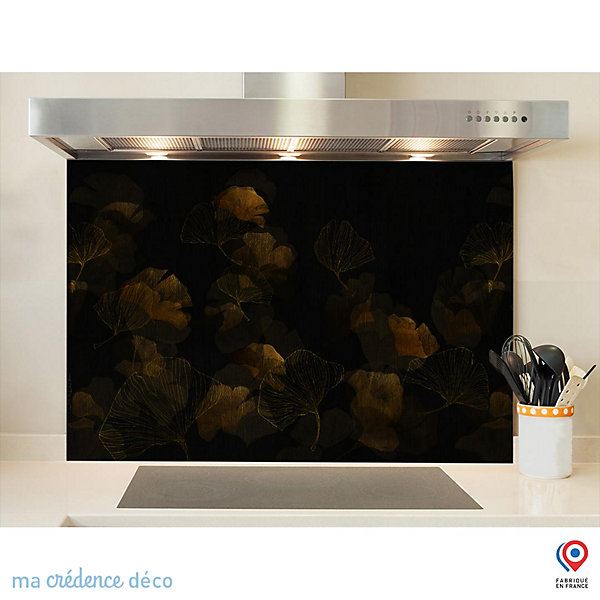 Crédence cuisine fond de hotte Gingkos dorés 2 - Verre trempé - L 90 cm x H 50 cm - MaCrédenceDéco