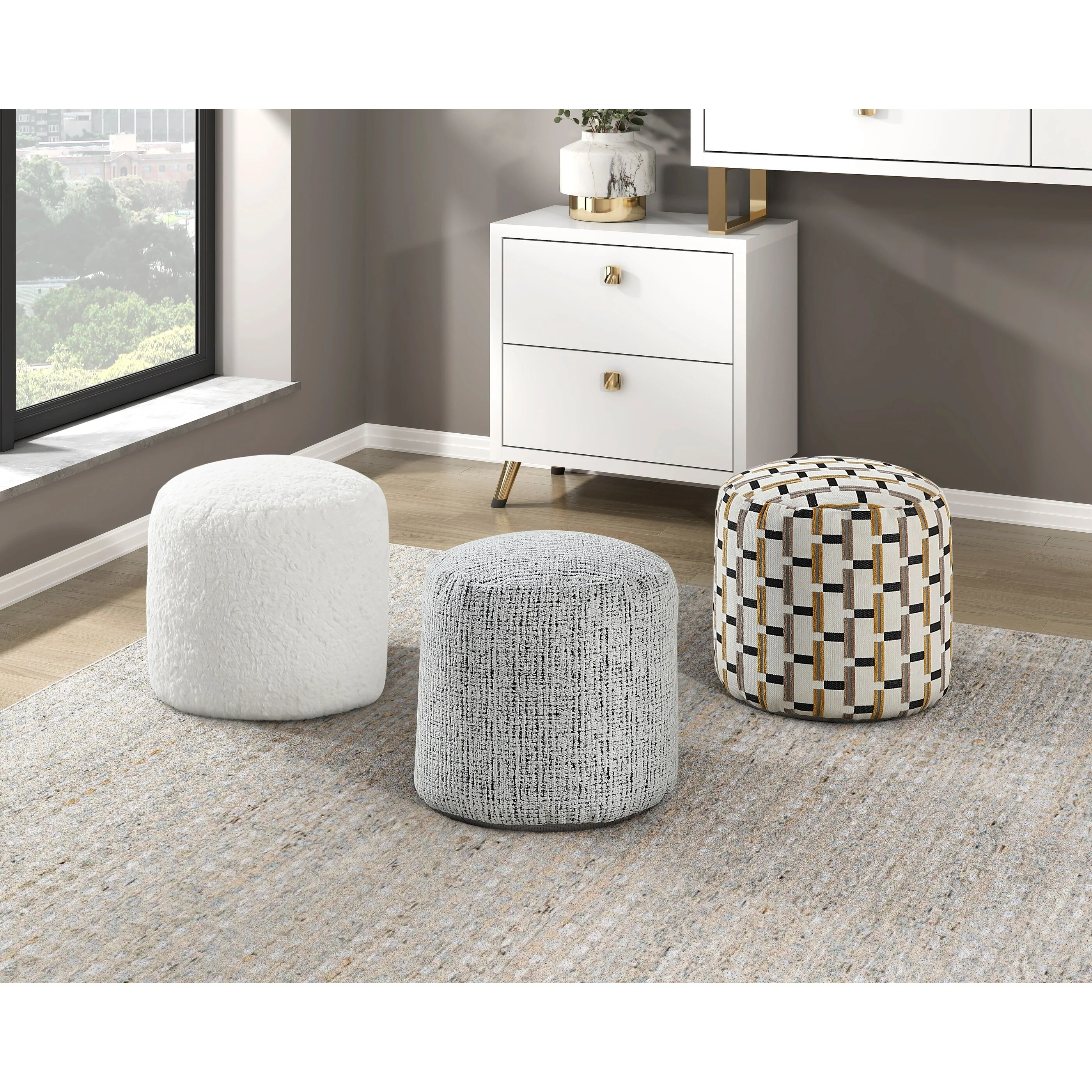 Cylindrical Pouf MultiColor Jacquard Fabric Upholstery Modern Ottoman, Footstool