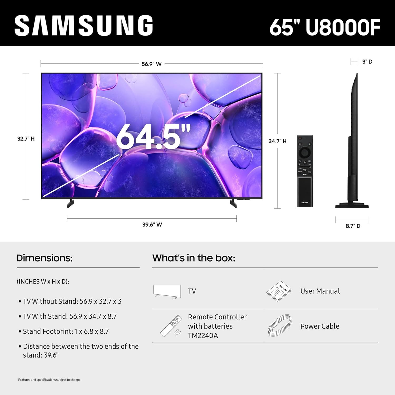 Samsung 65-Inch Class Crystal UHD U8000F 4K Smart TV (2025 Model) Endless Free Content  Crystal Processor 4K  MetalStream Design  Knox Security  Alexa Built-in