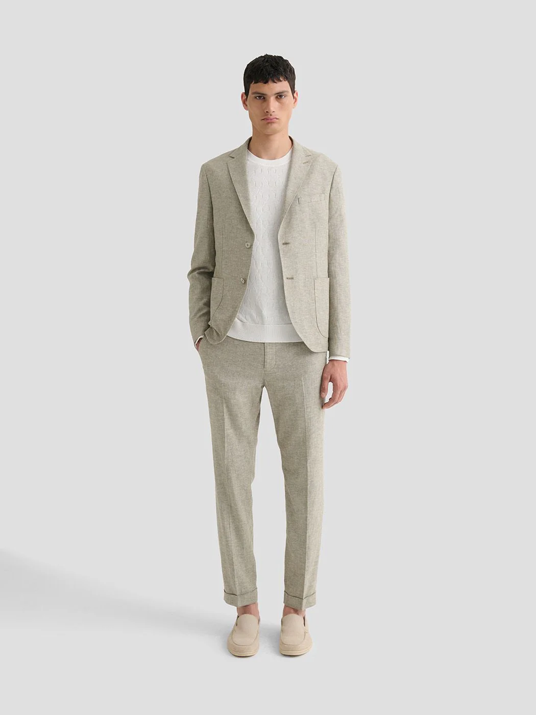 Costume 2 pièces slim kaki clair en coton lin
