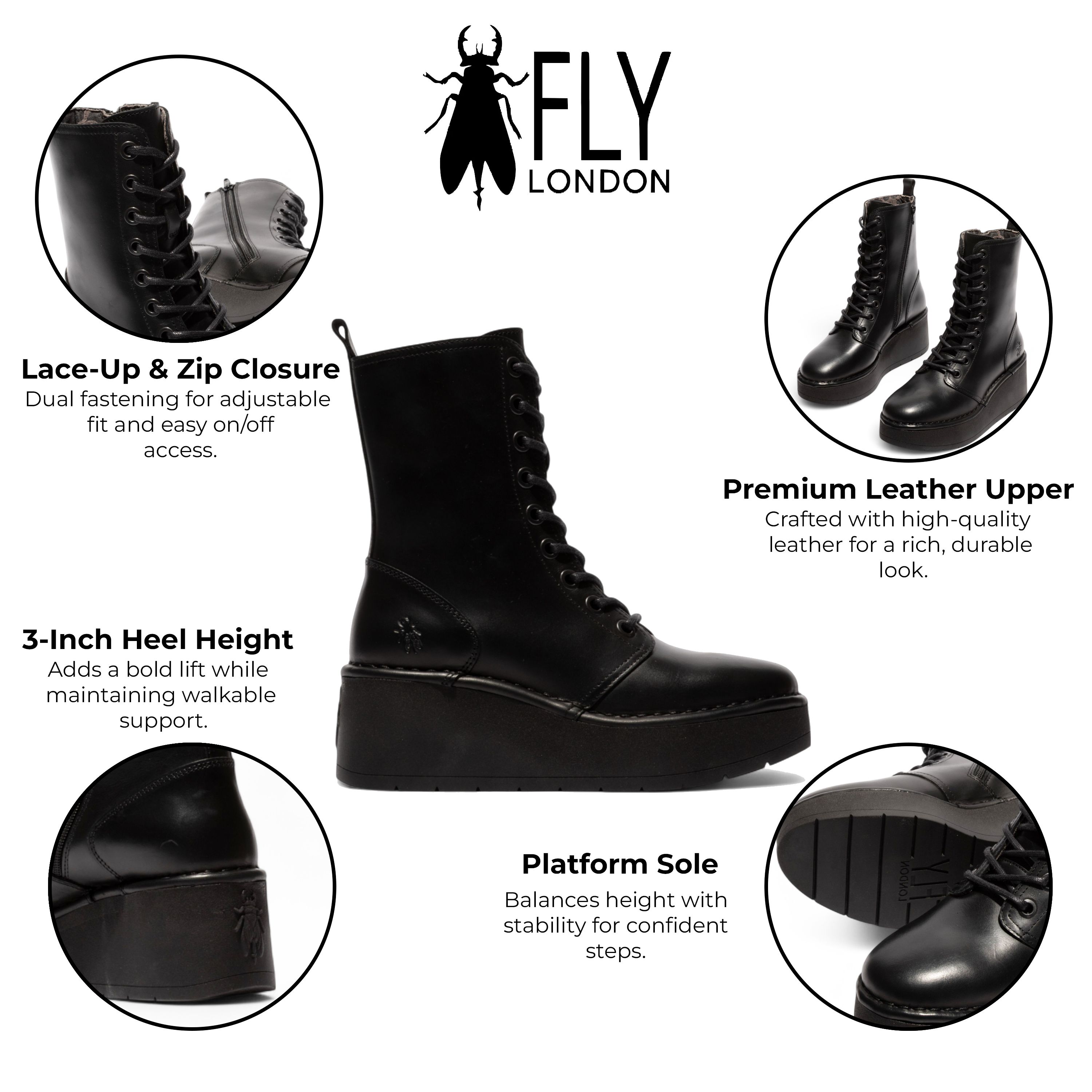 Infinity Leather Fly London HAIT273 Leather Lace-up Chunky Platform Ankle Boots