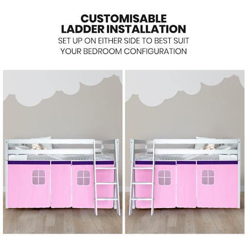 NNEMB Wooden Kids Single Loft Bed Frame-Hiding Space Underneath with Interchangeable Pink and Blue Curtains