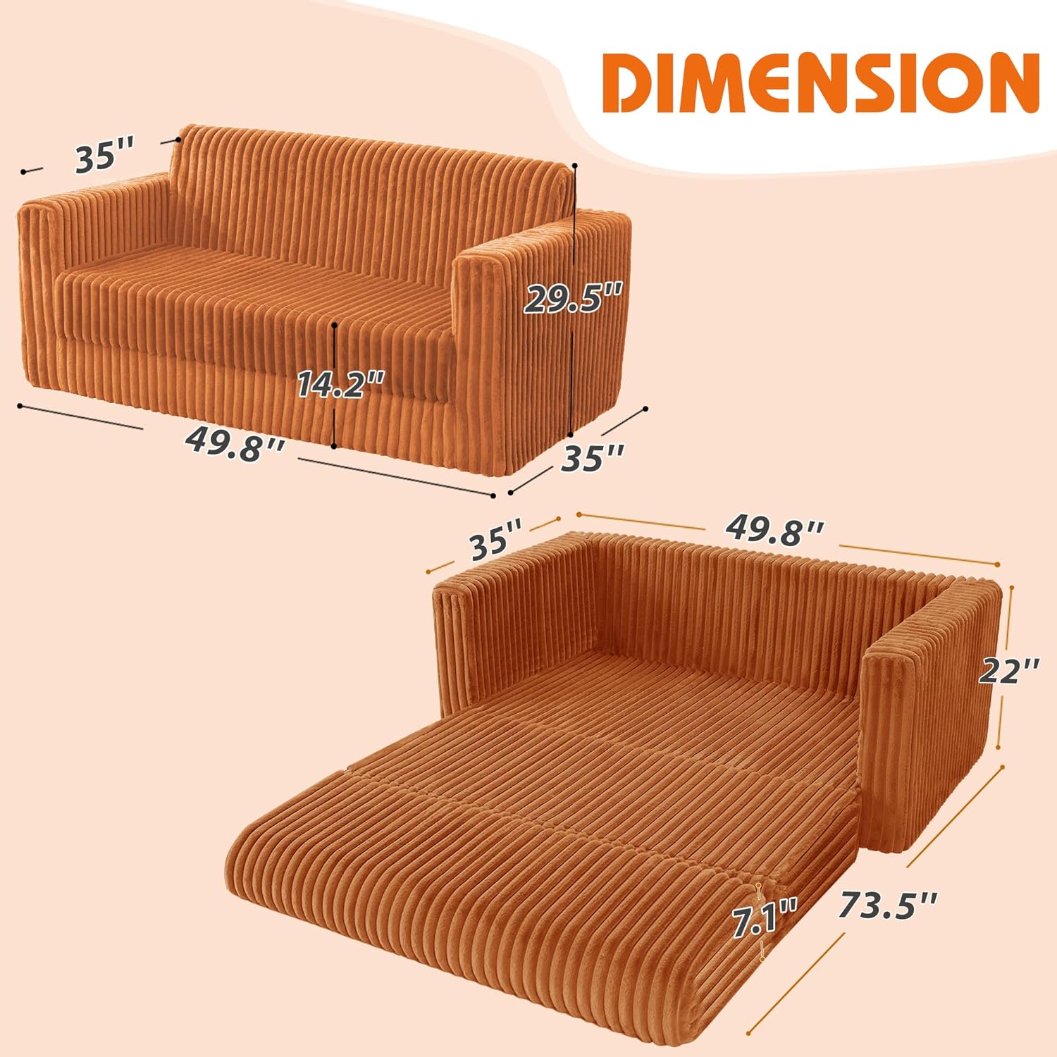 HABUTWAY Folding Sofa Bed, 2 in 1 Convertible Sleeper Chair with Armrest, Portable Fold Out Chair Bed, Comfy Floor Couch, Multi-Functional Lazy Sofa for Living Room Bedroom Dorm Home Office, Caramel