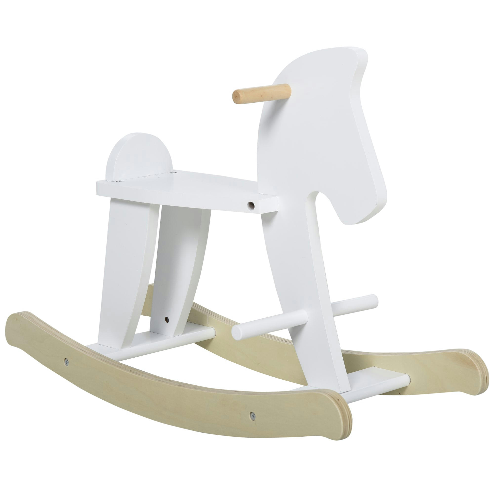 - Cheval à bascule blanc en bois naturel poignées repose-pied butées