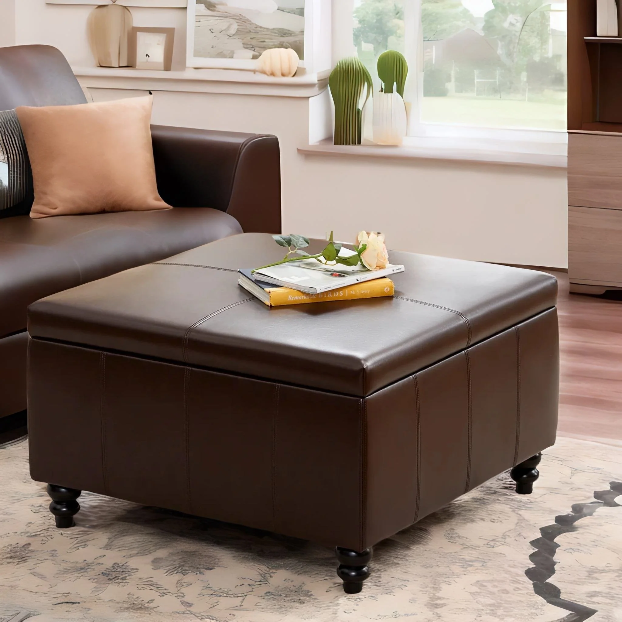 Leather Square Storage Ottoman for Living Room, Brown/ Black 30W x 30D x 18.1H