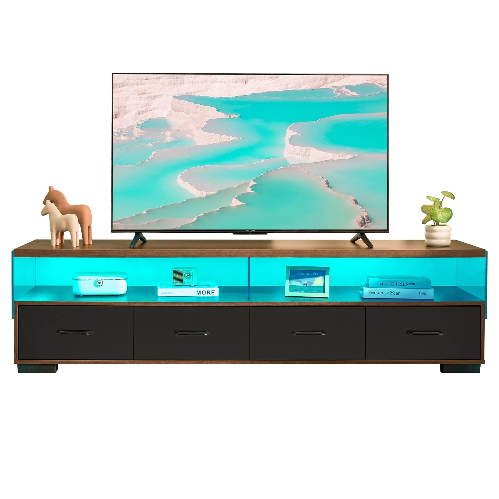 79.9 Inch Modern TV Stand with 4 Drawers and Open Shelving for Up to 80 Inch Flat Screen TVs