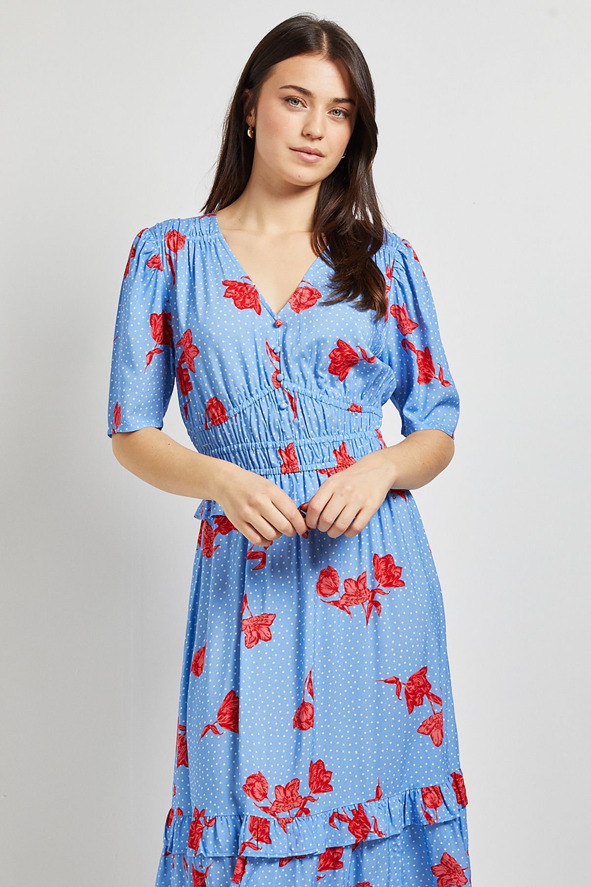 Dorothy Perkins Blue Floral Empire Shirred Bodice Button Detail Maxi Dress