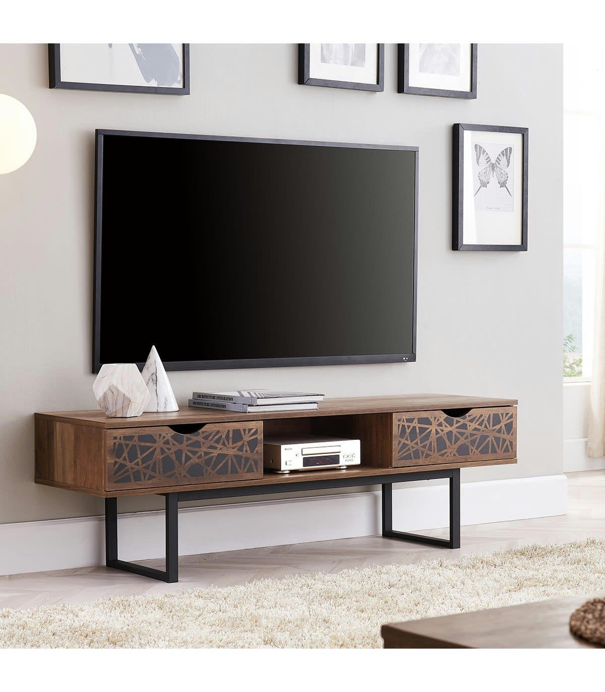 ANAELLE - Meuble TV 2 tiroirs et 1 niche effet bois et motifs noir - L140 cm