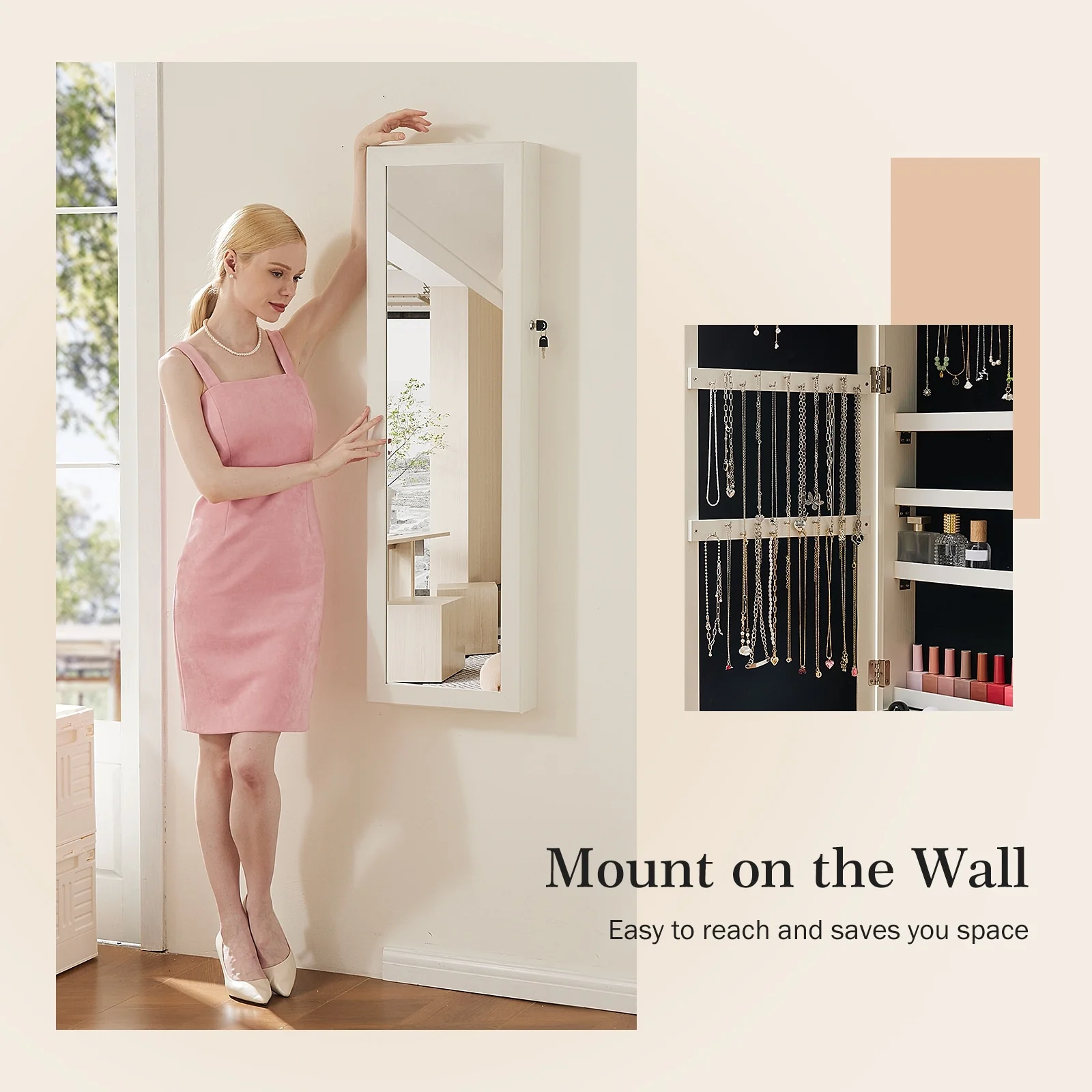 Full-Length LED Jewelry Mirror Cabinet - Lockable Wall/Door Mounted Armoire with 2 Drawers & 6 Lights