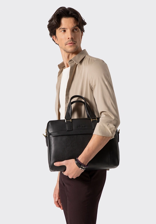 Torba na laptopa 15” ze skóry naturalnej dwukomorowa czarna
