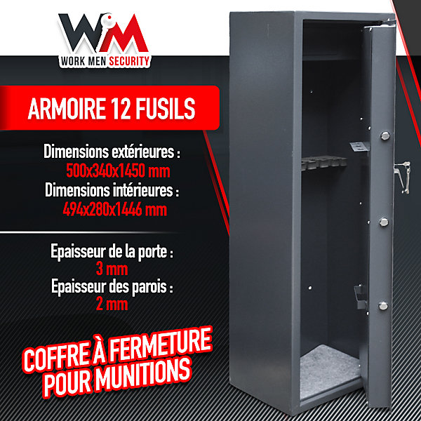 Armoire à fusils 500X340X1450mm avec coffre intérieur - 12 fusils - Workmen Security