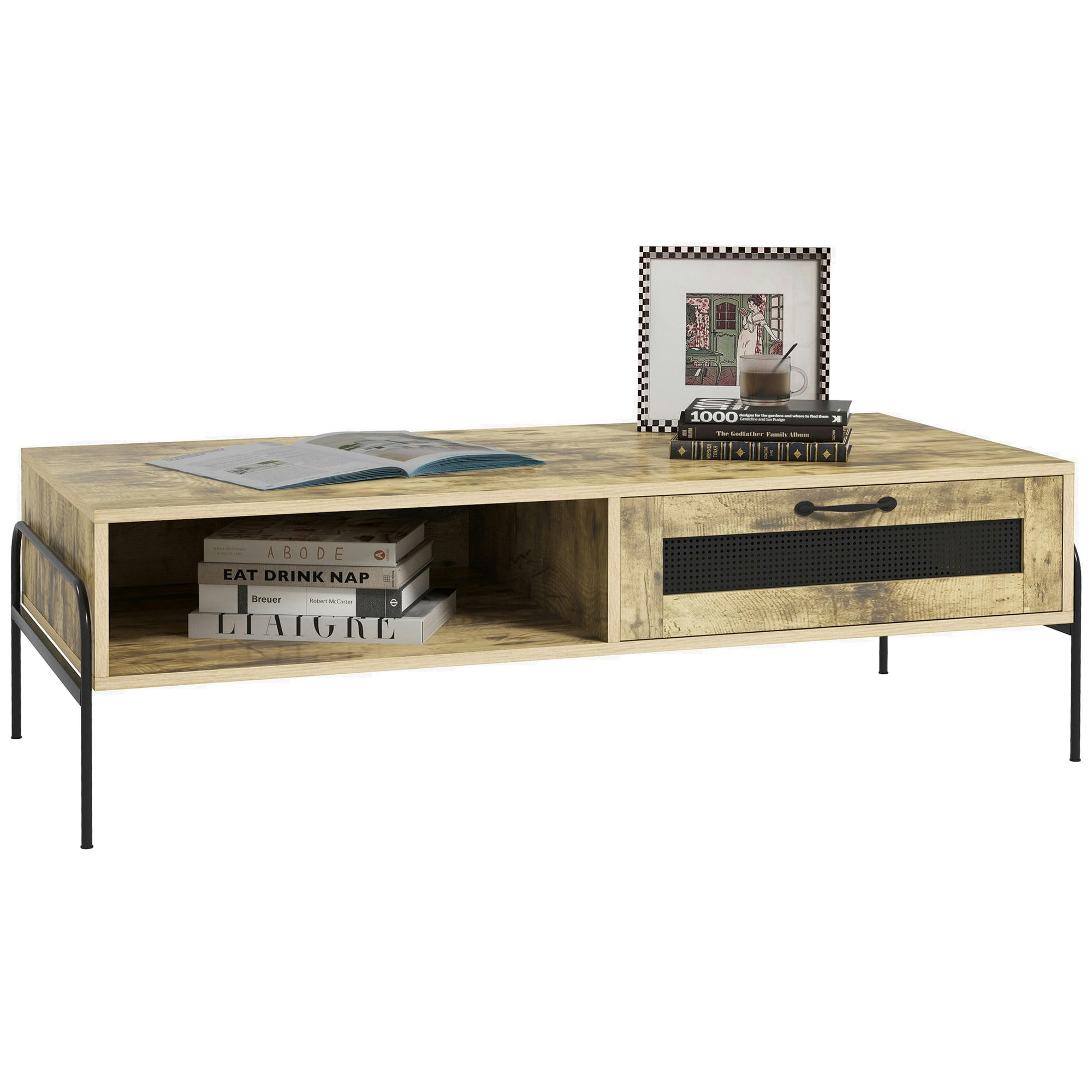 - Table basse rectangulaire industrielle niche tiroir métal aspect bois