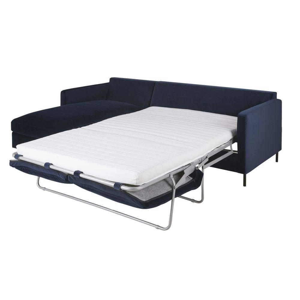 Julian - Canapé d'angle gauche convertible 4/5 places en velours bleu nuit, matelas 10 cm