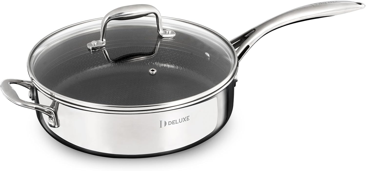 DELUXE Hybrid Ceramic Nonstick 3.7 Qt Deep Sauté Pan with Lid, Stainless Steel Skillet with Stay-Cool Handles, Dishwasher and Oven-Safe, PFOA Free Deep Frying Pan, Compatible with All Cooktops