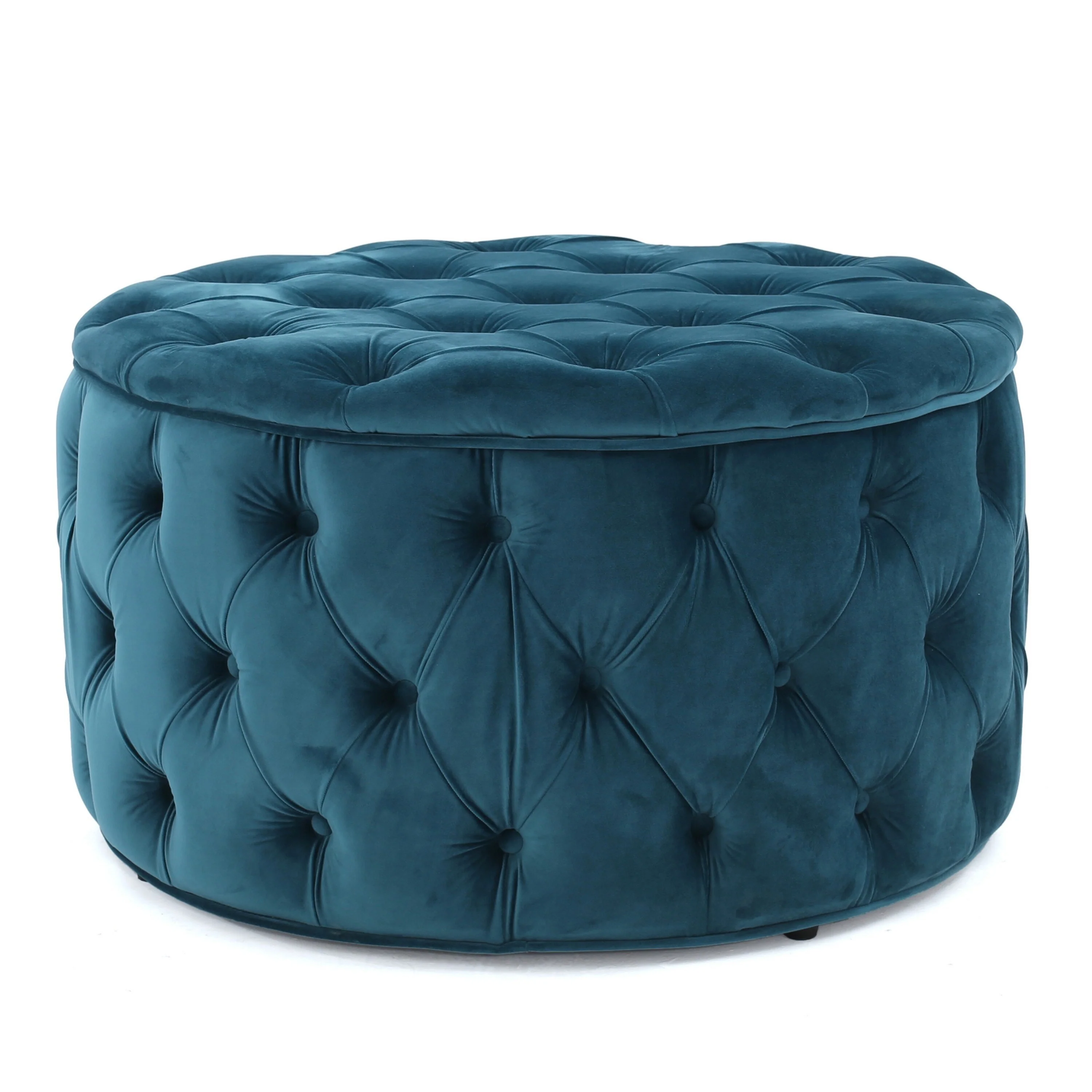 Round Accent Ottoman, 30 Inch, Teal Blue Velvet, Button Tufted Design