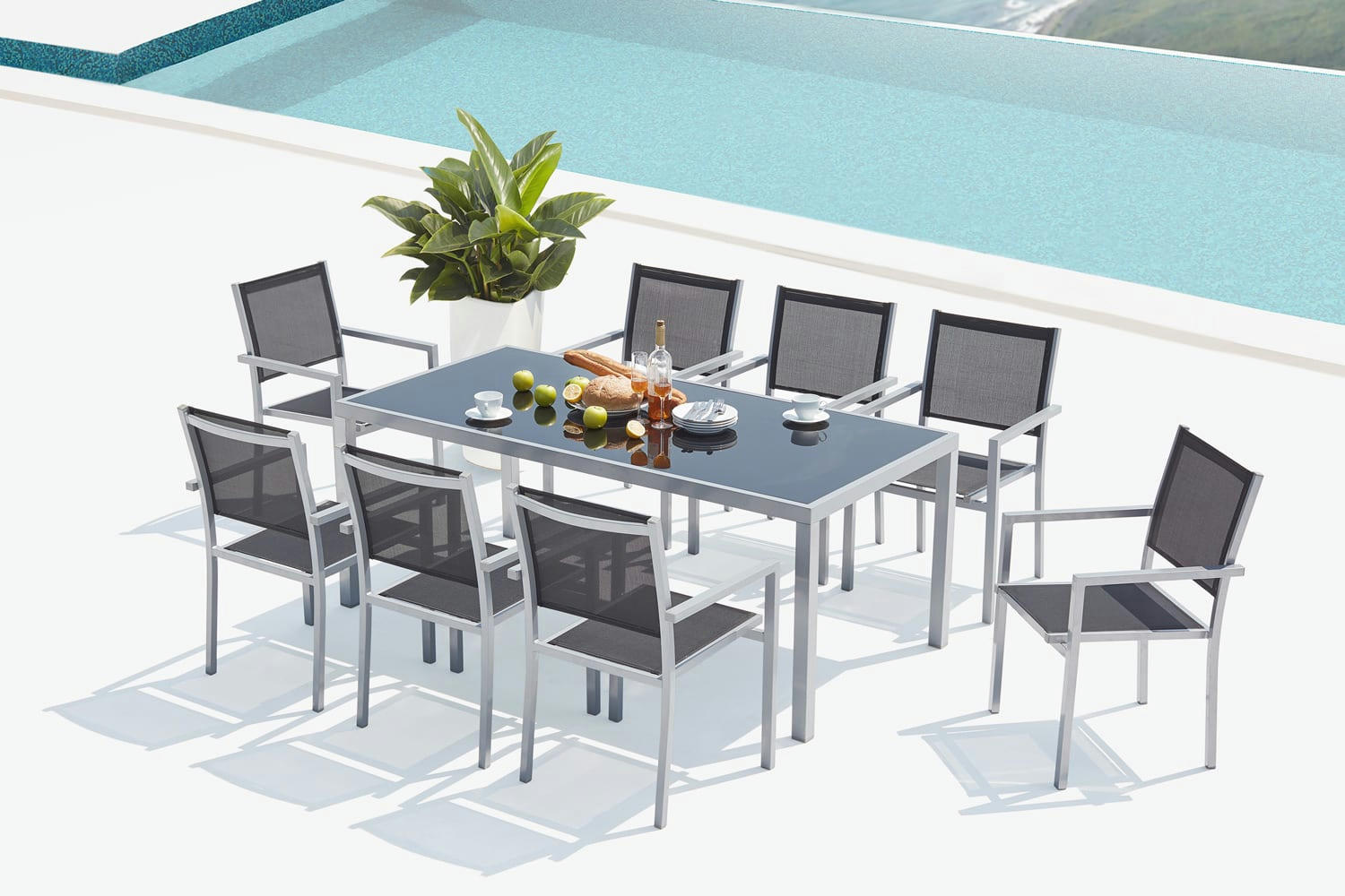 SALERNE - Table de jardin et 8 fauteuils aluminium et textilène gris