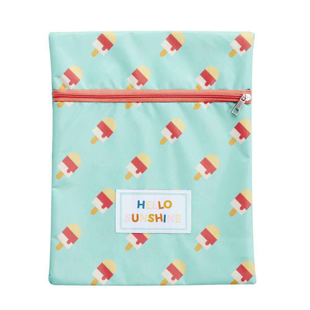 Pochette de plage PVC motif glaces Hello Sunshine bleue 21,5x27cm (2 modèles)