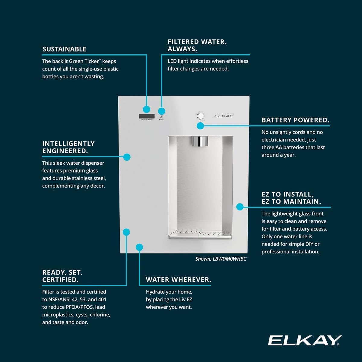 Elkay Liv EZ Built-in Filtered Wall-Mount Water Dispenser – Battery Powered, NSF Certified, Push Button, Reduces Lead & PFAS, Aspen White – Ideal for Home