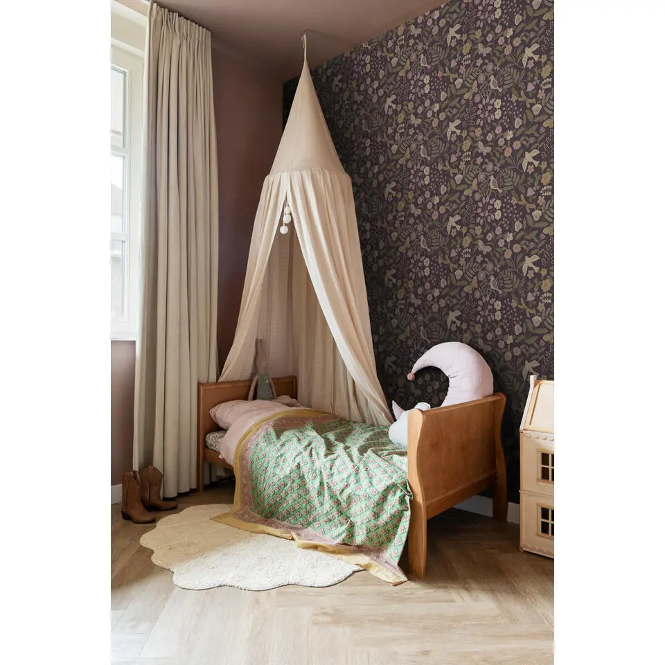 ESTAhome behang bloemen en vogels aubergine paars, olijfgroen en lila paars