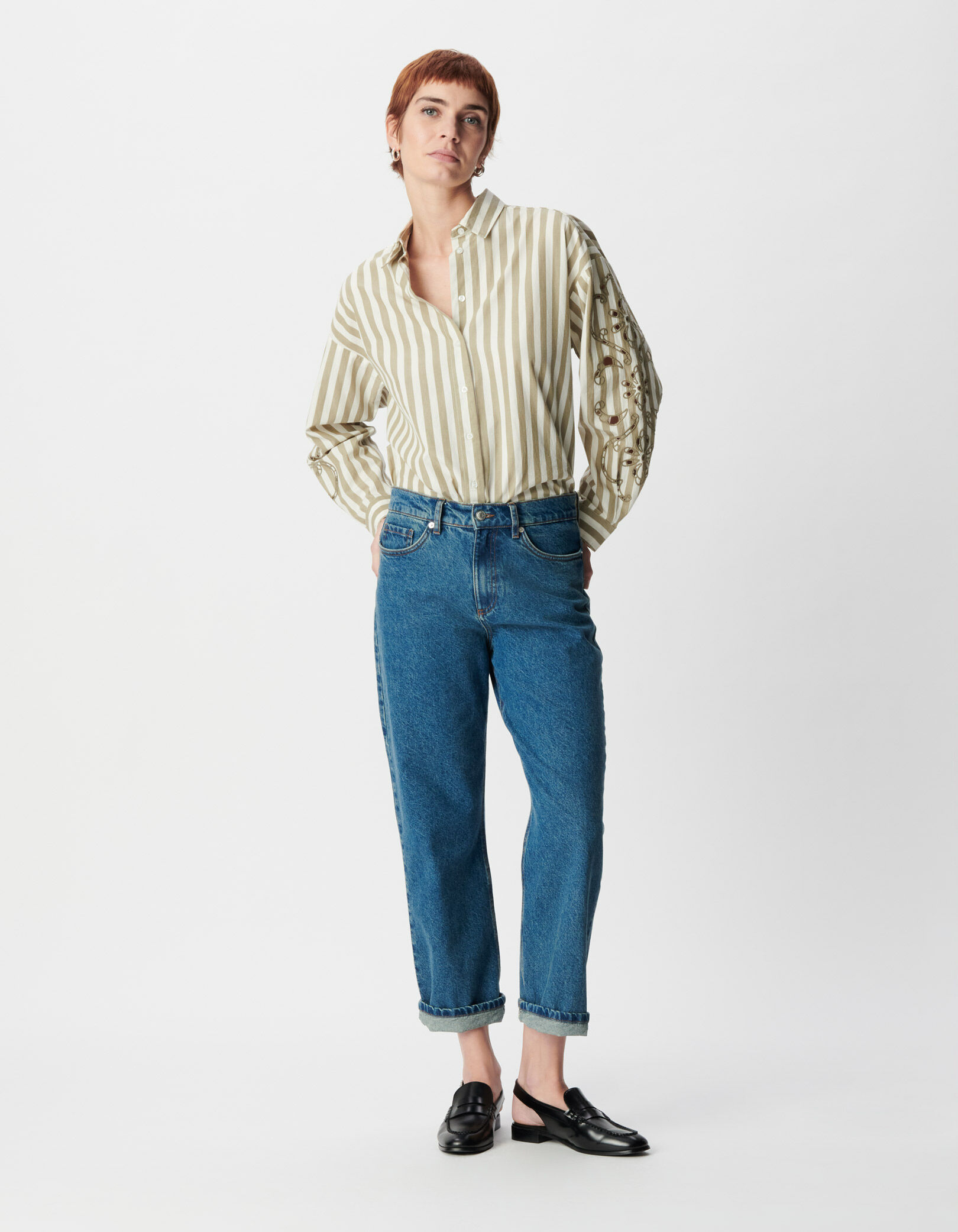 Chemise à rayures kaki broderies ajourées manches Femme