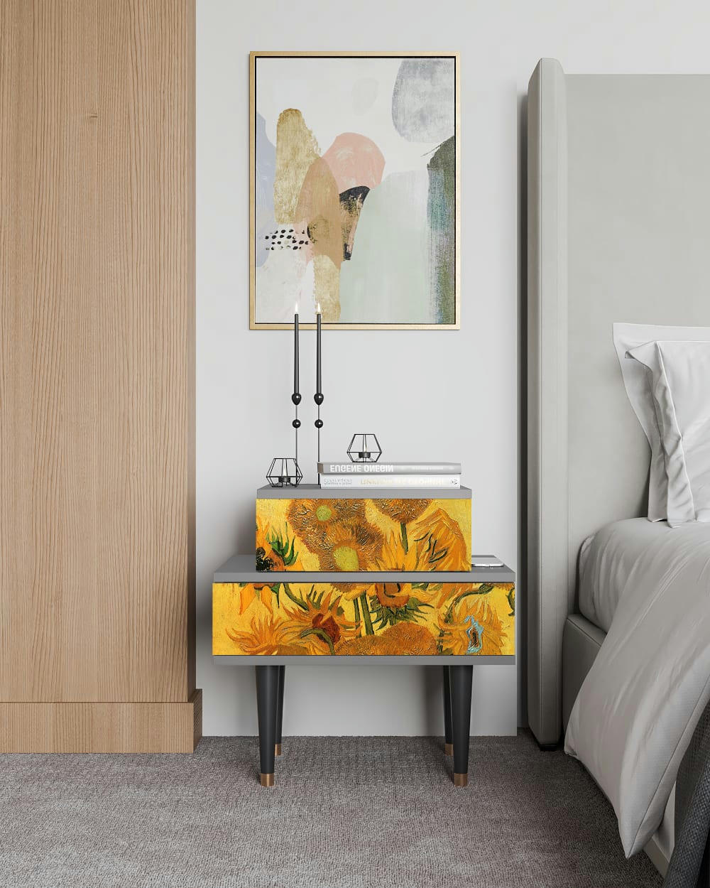 SUNFLOWERS BY VINCENT VAN GOGH - Table de chevet jaune 2 tiroirs L 58 cm