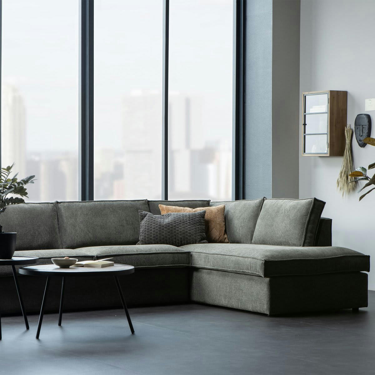 MEDDI - Canapé d'angle droit 4 places en tissu vert foncé