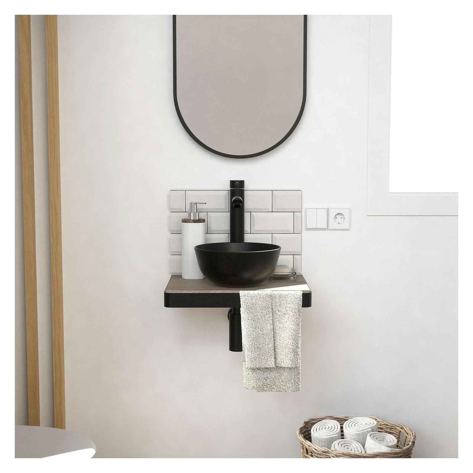 SOHO - Meuble lave-mains  plan fin p-serviette face vasque noire + miroir