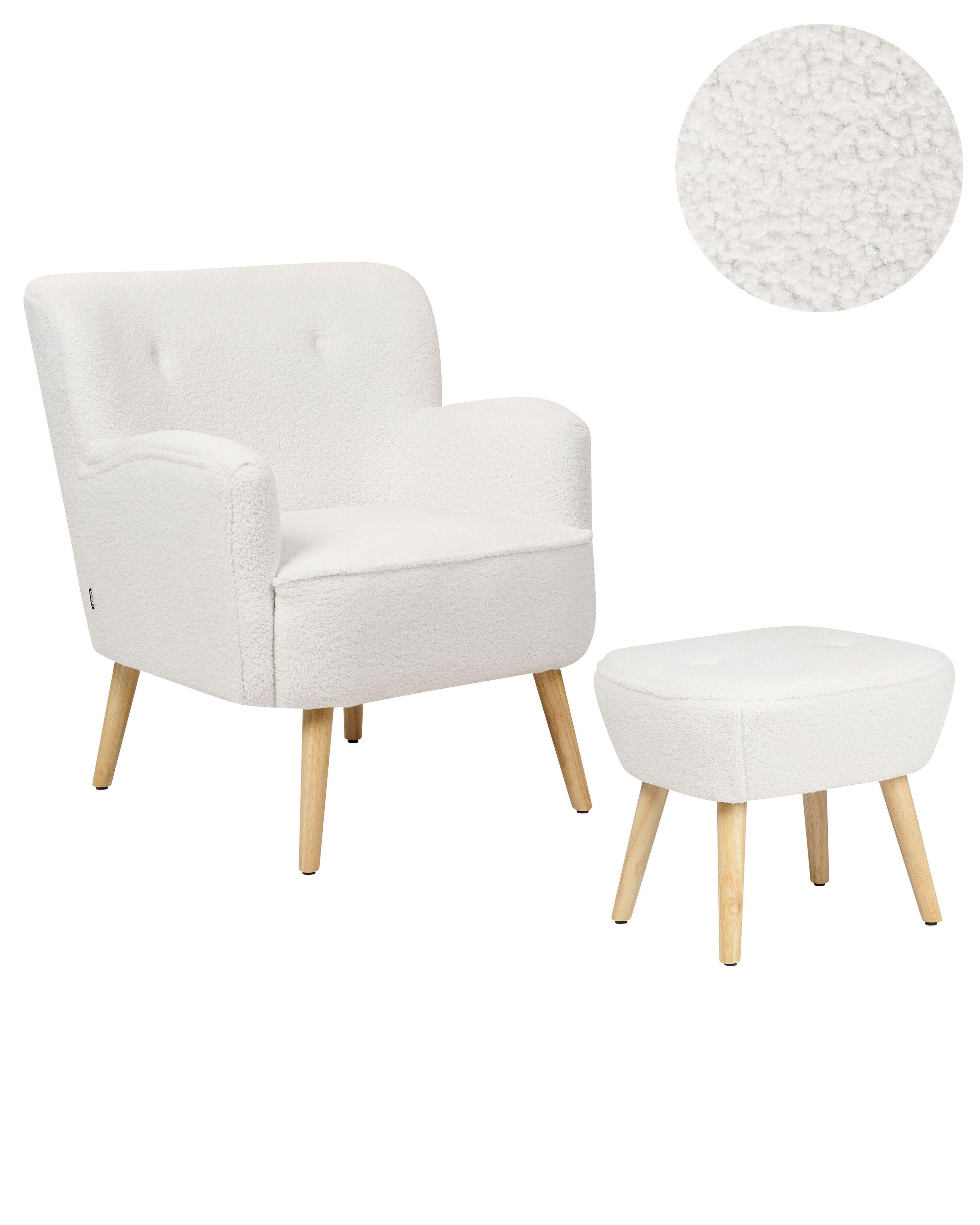 Armchair TUMBA with Footstool Boucle White