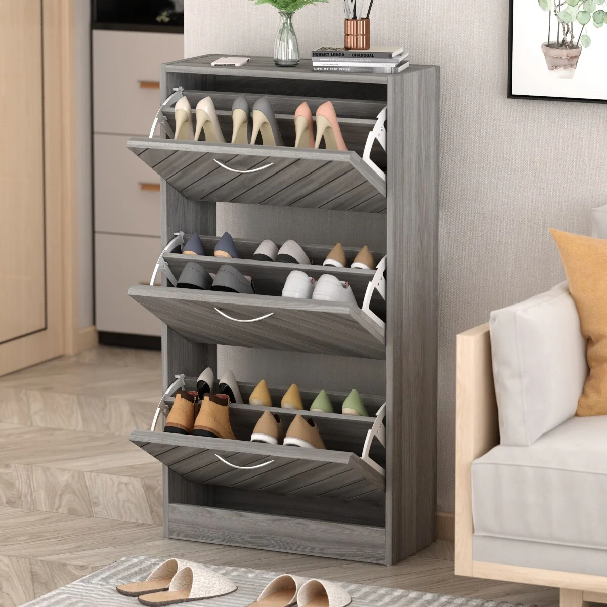 Timechee 12 Pair Shoe Storage Cabinet with 2 Drawers, Wood Grey