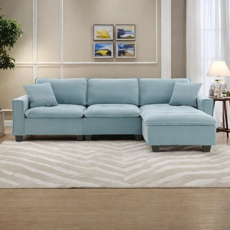 100 L-Shaped Suede Sectional Sofa with Ottoman and Pillows, 4-Seater Sleeper