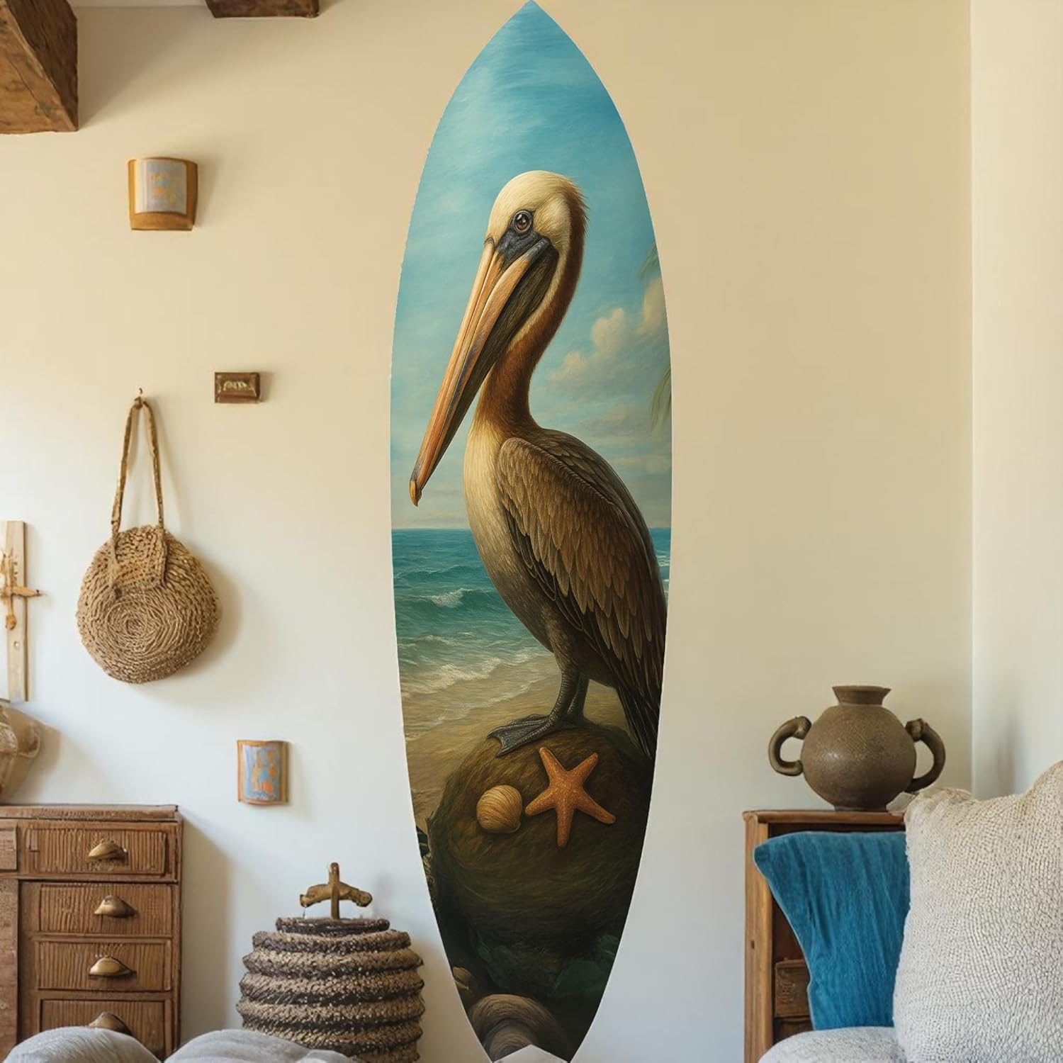 JennyGems Pelican Surfboard Wall Art Coastal Bird Decor, Ocean Themed Surfboard Sign, Indoor Outdoor PVC, Beach House Nautical Wall Hanging