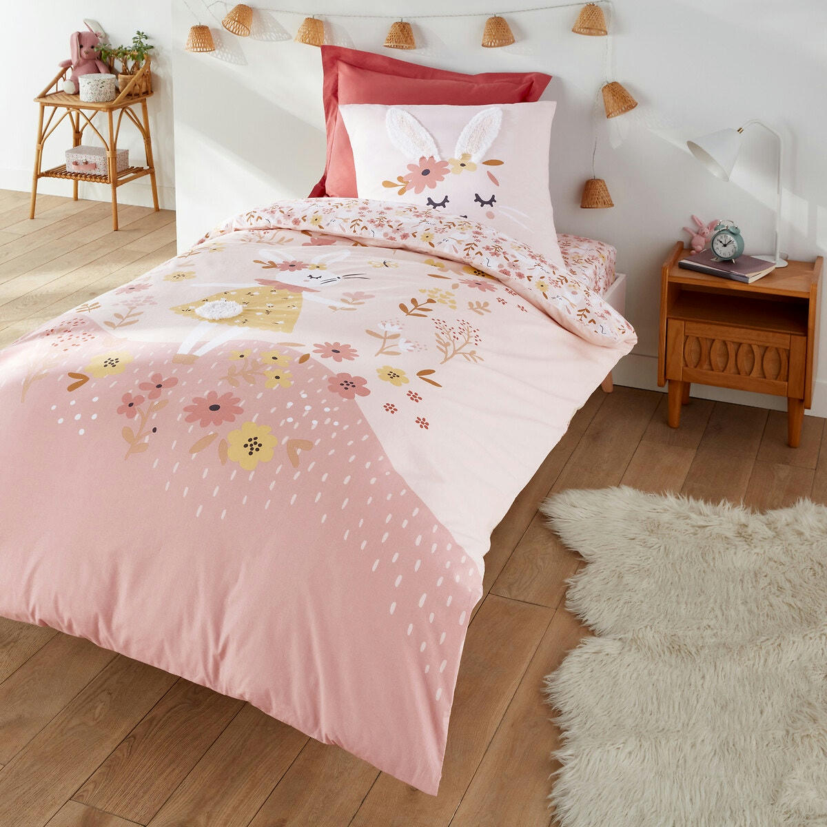 Drap-housse enfant coton biologique, Lapin fleuri
