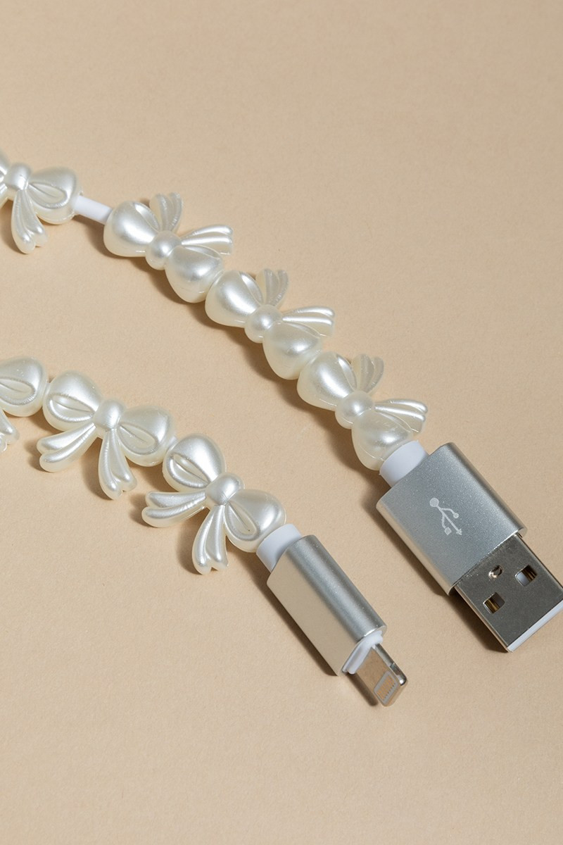 White Bow Beaded Charging Cable