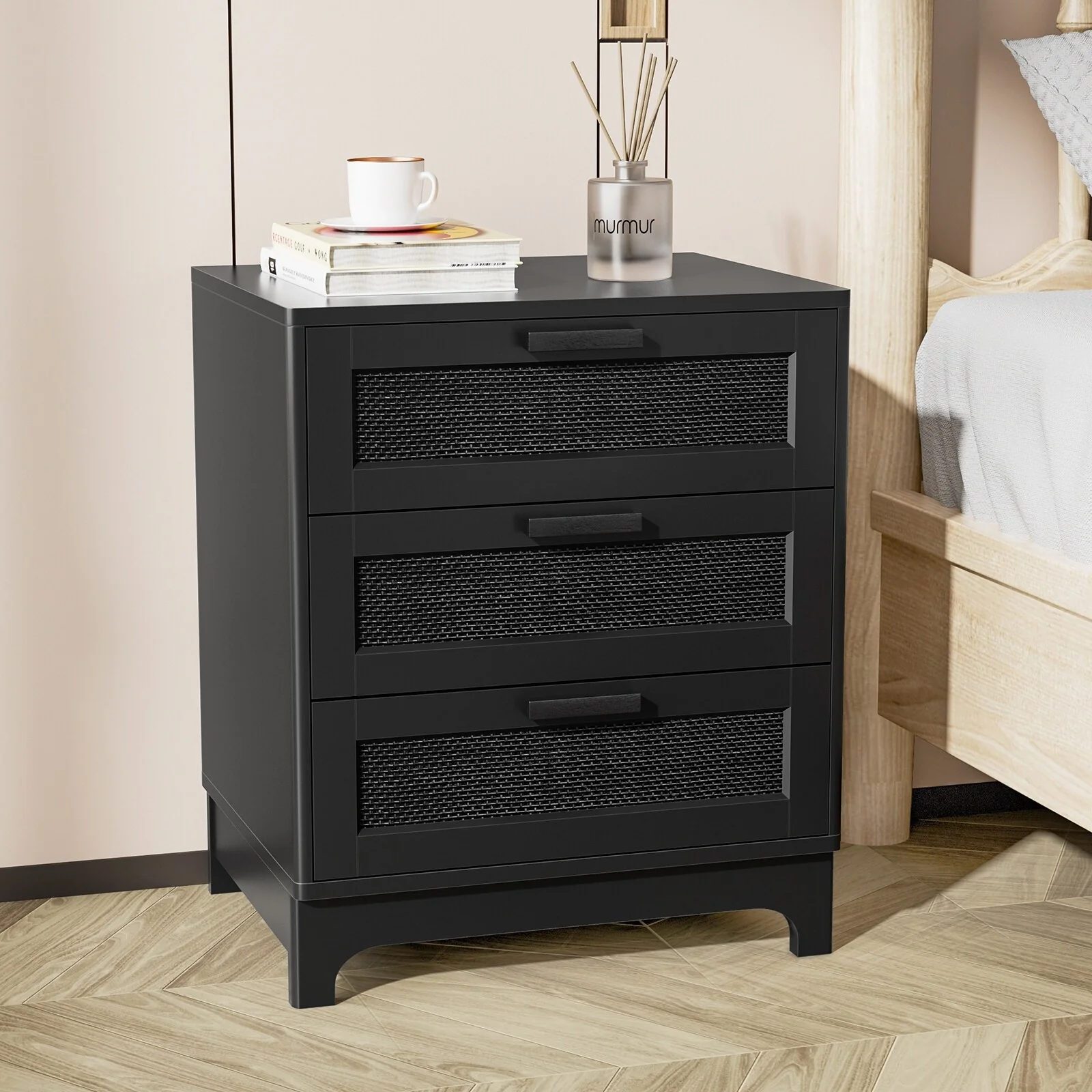 Anmytek Modern Black Wood Rattan Nightstand Bedside Table Side Table with 3 Drawers for Bedroom